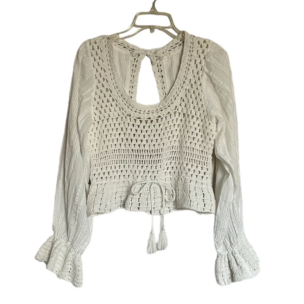 Free People Megan Crochet Open Back Long Sleeve Blouse NEW